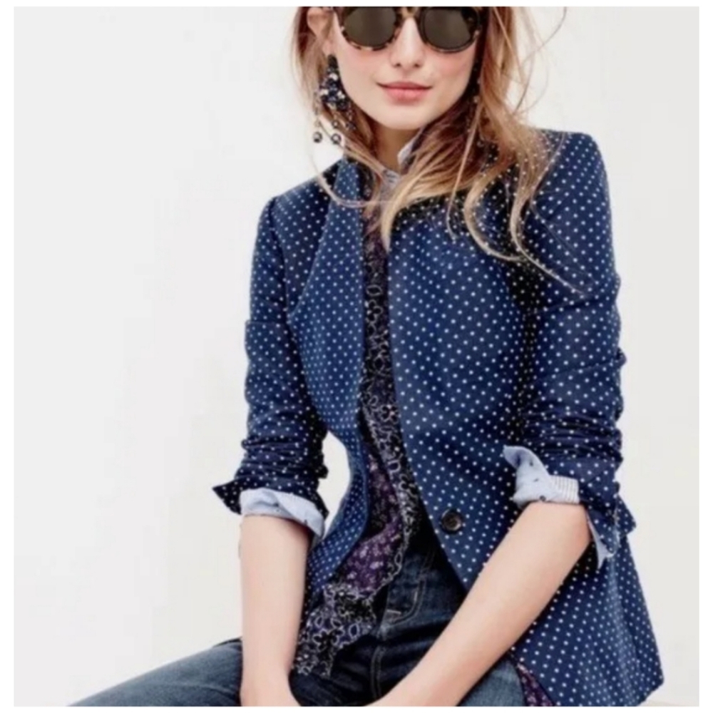 J Crew Regent Linen Polka Dot Navy White Blazer Size 4